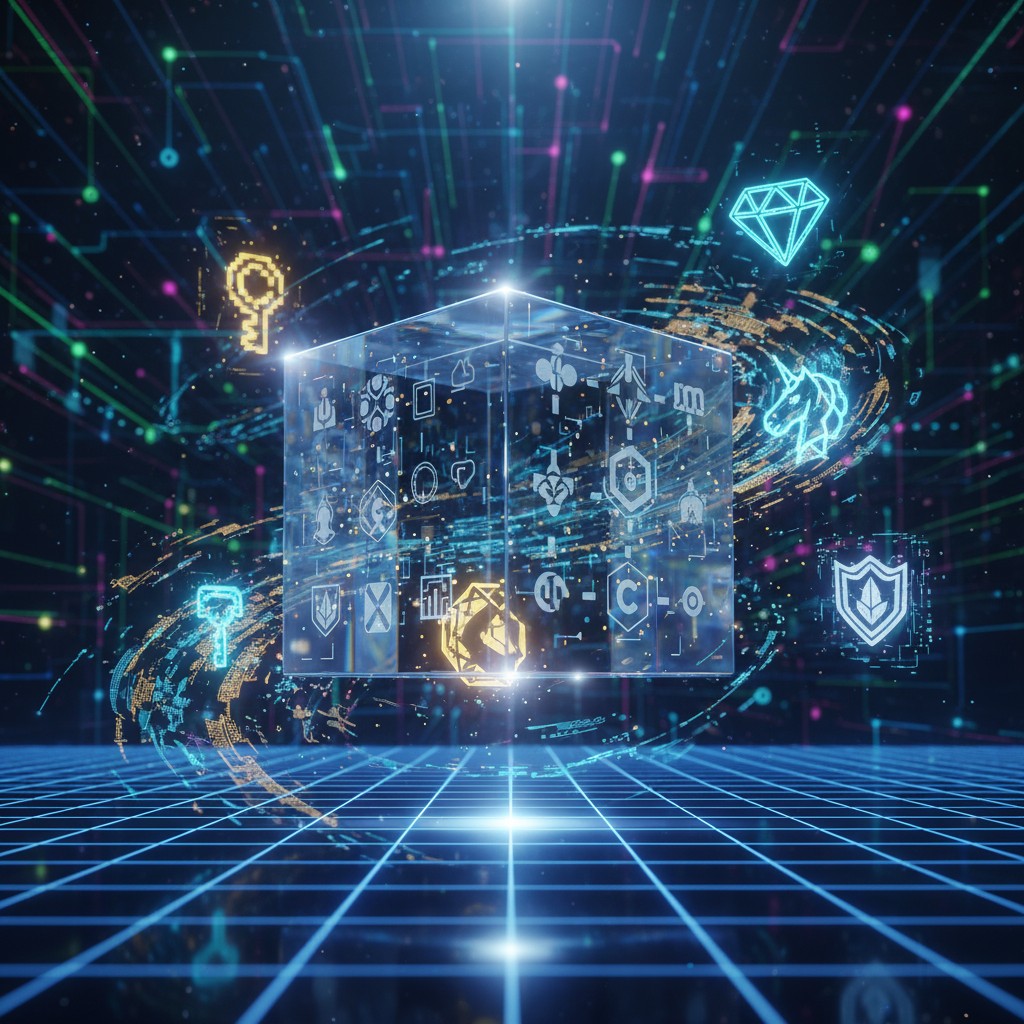 Algorithms and data security, digital keys and shields, global connections, bright lights and energy.