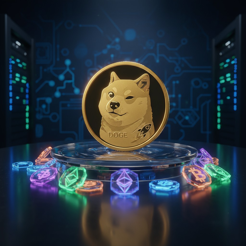 A gold coin displaying the Dogecoin logo sits atop a clear, circular base. Seven illustrated, backlit cryptocurrencies, in...
