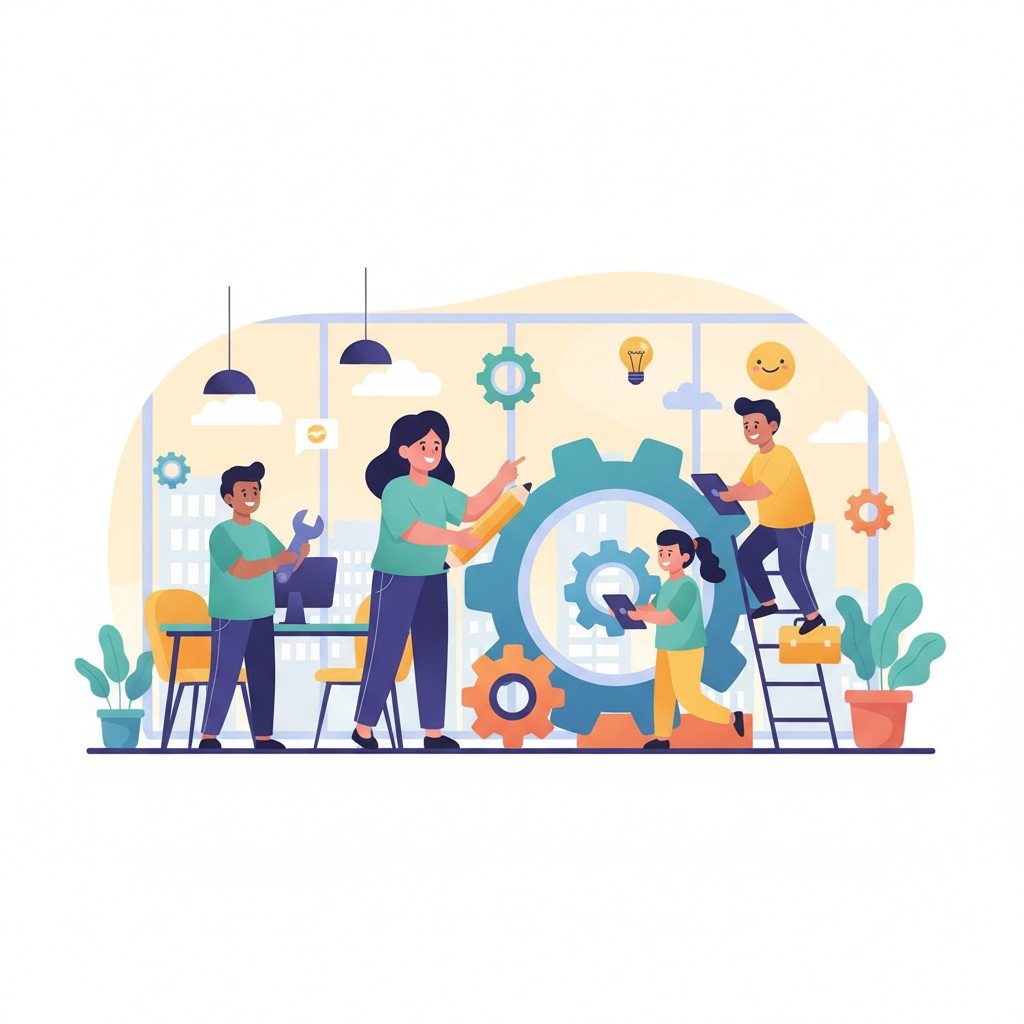 Illustration of a team of four people working in an office setting, surrounded by various props and tools styled like a ca...